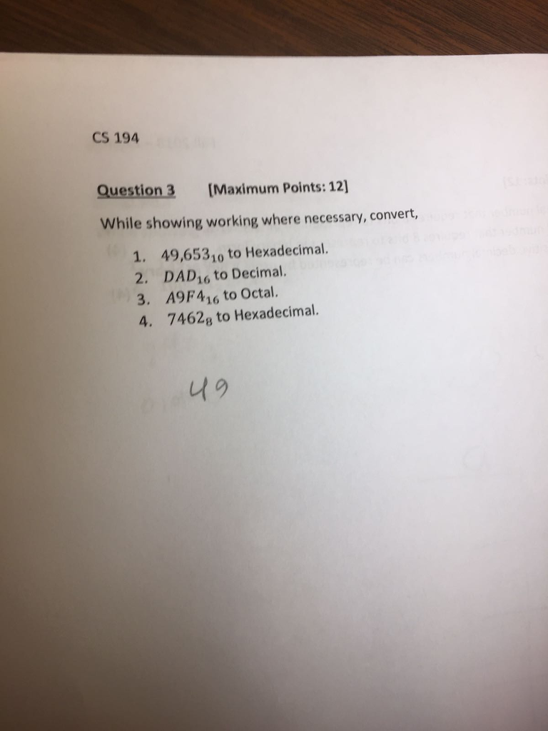 Solved Cs 194 Question 3 Maximum Points 12 While Showi Cs 194 Question 3 Maximum Points 12 While Showing Working Where Necessary