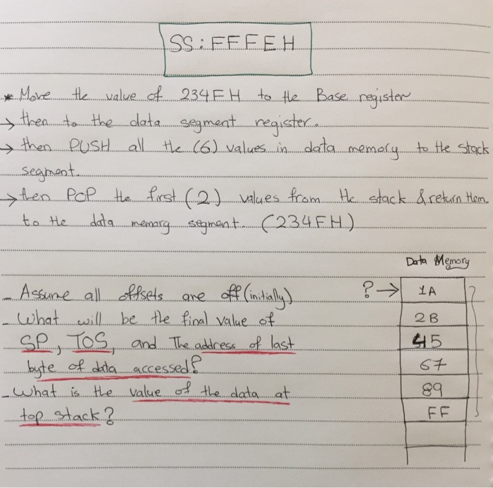 e Movre He value c 234EH tote ster >,then taen the data segment nec stea eg to Hed → then PUSH all tle ( 6) values in data memaiq .aies 34EH) Assume ctfsels 一 uhat will be tle final value of all ane..。疘(ind 2 B se, asず and The adress of last. ite aida accessed whats He vaueote dataa top ack ナ e9
