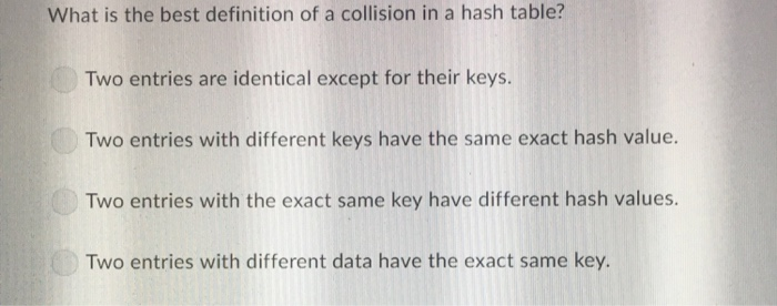 What is the best definition of a collision in a hash table? Two entries are identical except for their keys Two entries with