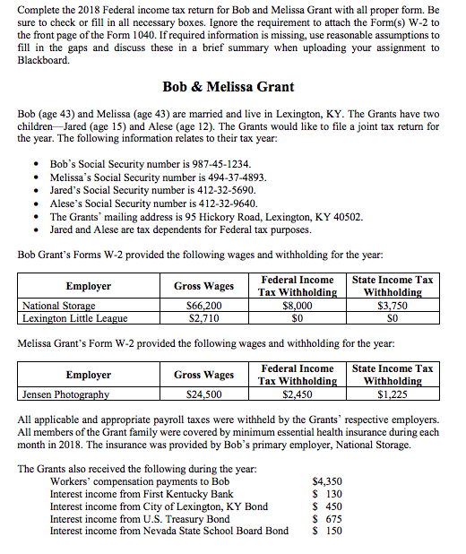 Solved Complete The 2018 Federal Income Tax Return For Bo