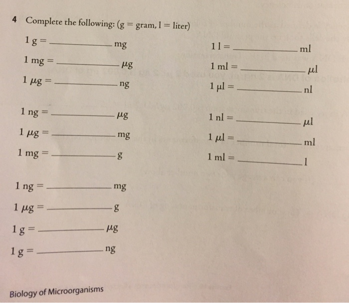 4 Complete The Following G Gram 1 Liter Mg Ml Ng Chegg Com