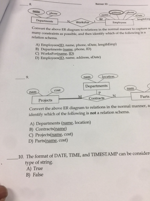 Solved Ame 2 40 5 Points Mapping E R Model To Relations