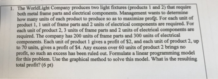 1. The WorldLight Company produces two light fixtures (products 1 and 2) that require both metal frame parts and electrical components. Management wants to determine how many units of each product to produce so as to maximize profit. For each unit of product 1, 1 unit of frame parts and 2 units of electrical components are required. For each unit of product 2, 3 units of frame parts and 2 units of electrical components are required. The company has 200 units of frame parts and 300 units of electrical components. Each unit of product 1 gives a profit 

<div class=