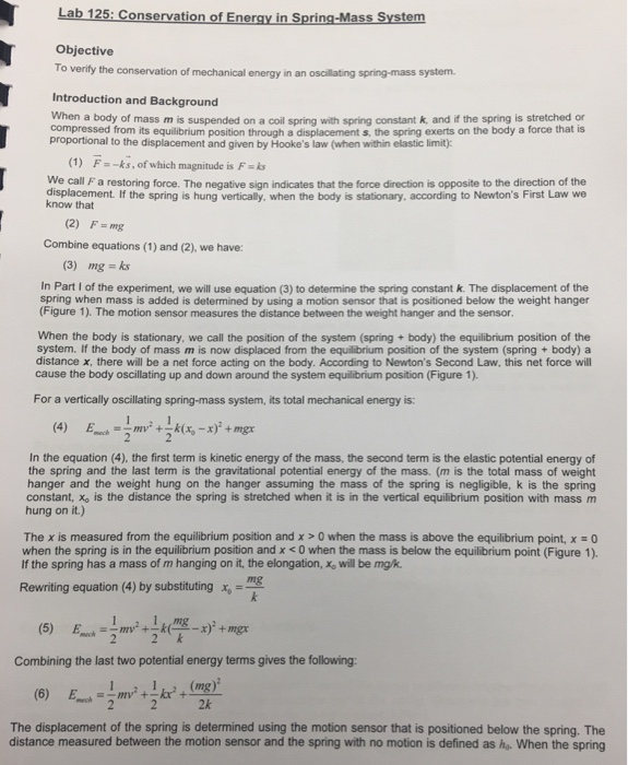 Solved Lab 125 Conservation Of Energy In Spring Mass System Chegg Com