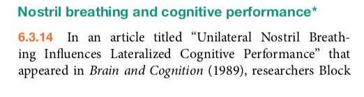 Nostril breathing and cognitive performance* 6.3.14 In an article titled Unilateral Nostril Breath ing Influences Lateralized Cognitive Performance that appeared in Brain and Cognition (1989), researchers Block