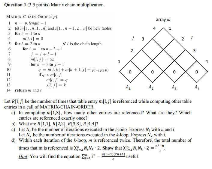 Question 1 (3.5 points) Matrix chain multiplication. MATRIX-CHAIN-ORDER (p) array m I n = p. length-1 2 let..n. 1..n] and s.n