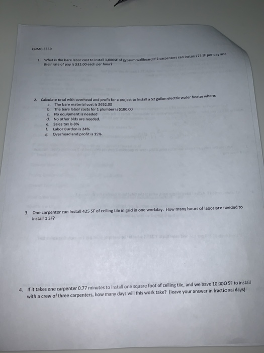 Solved Cnmg 3339 What Is The Bare Labor Cost To Install 1