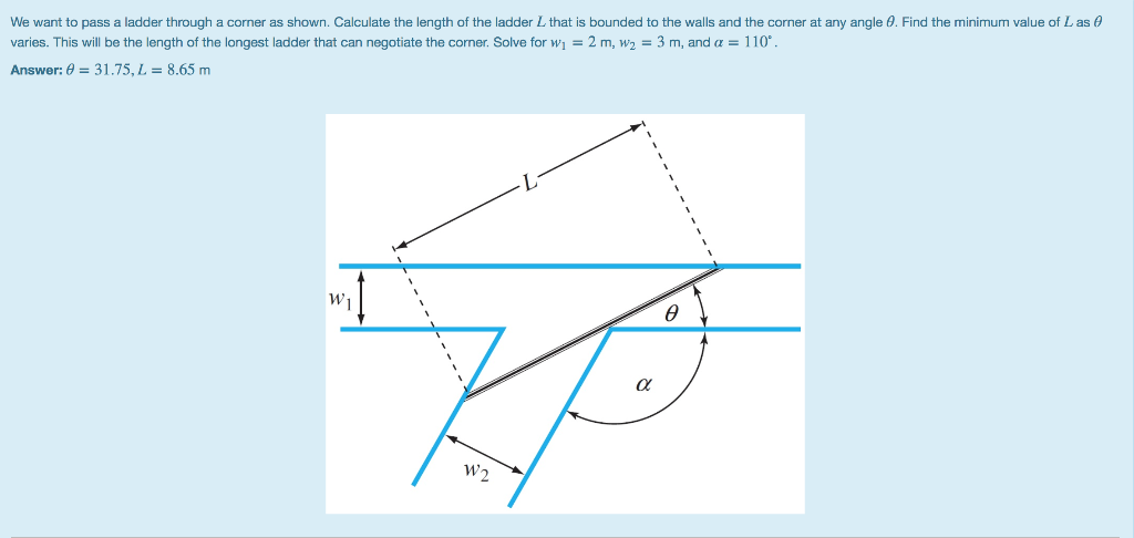 We want to pass a ladder through a corner as shown. Calculate the length of the ladder L that is bounded to the walls and the