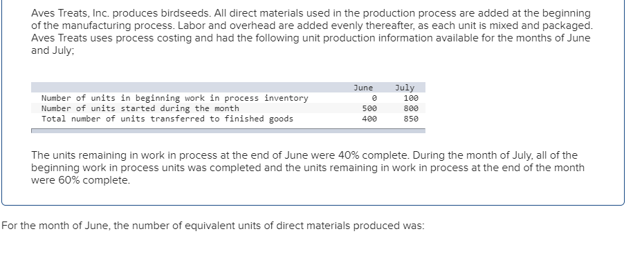 Aves treats, inc. produces birdseeds. all direct materials used in the production process are added at the beginning of the m