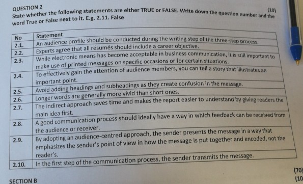 QUESTION 2 te whether the following statements are either TRUE or FALSE. Write down the quest (10) word True or False next to