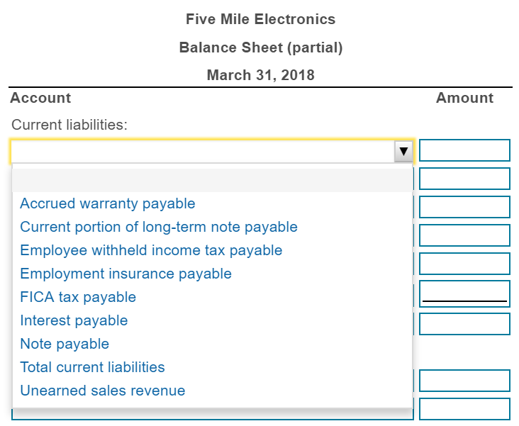 Five mile electronics balance sheet (partial) march 31, 2018 account amount current liabilities: accrued warranty payable cur