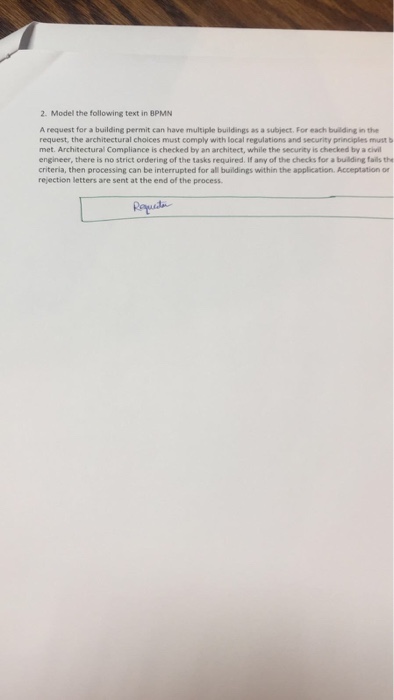 2. Model the following text in BPMN A request for a building permit can have multiple buildings as a subject. For each building in the request, the architectural choices must comply with local regulations and security principles must b met. Architectural Compliance is checked by an architect, while the security is checked by a civil engineer, there is no strict ordering of the tasks required. If any of the checks for a building fails the criteria, then processing can be interrupted for all buildings within the application. Acceptation or rejection letters are sent at the end of the process