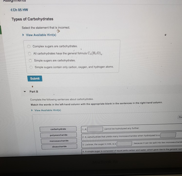 Aissigrmens Ch 05 Hw Types Of Carbohydrates Select Chegg 