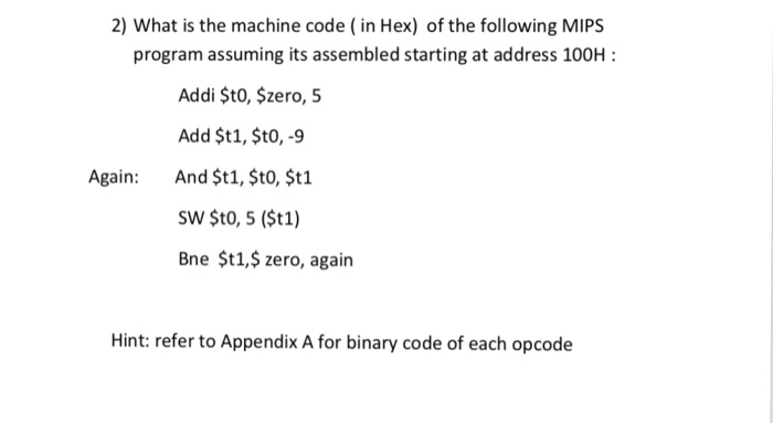 2) What is the machine code ( in Hex) of the following MIPS program assuming its assembled starting at address 100H Addi Sto, Şzero, 5 Add $t1, St0,-9 Again And St1, Sto, $t1 SW Sto, 5 (St1) Bne Şt1,$ zero, again Hint: refer to Appendix A for binary code of each opcode