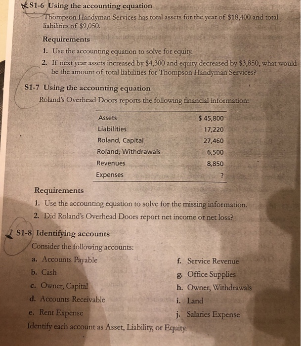 Solved S1 6 Using The Accounting Equation Ompson Handyman