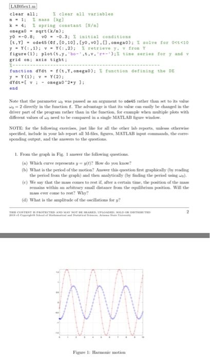 clear all: n-1; % nass [kg] k.4; % spring constant [N/ ] omega。. sqrt (k/s); yo .-0.8; vo . -o.3; % initial conditions [t,T]