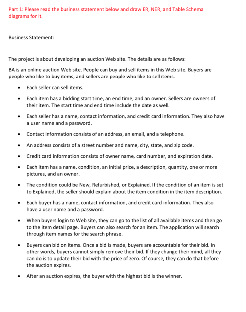 Part 1: Please read the business statement below and draw ER, NER, and Table Schema diagrams for it. Business Statement: The