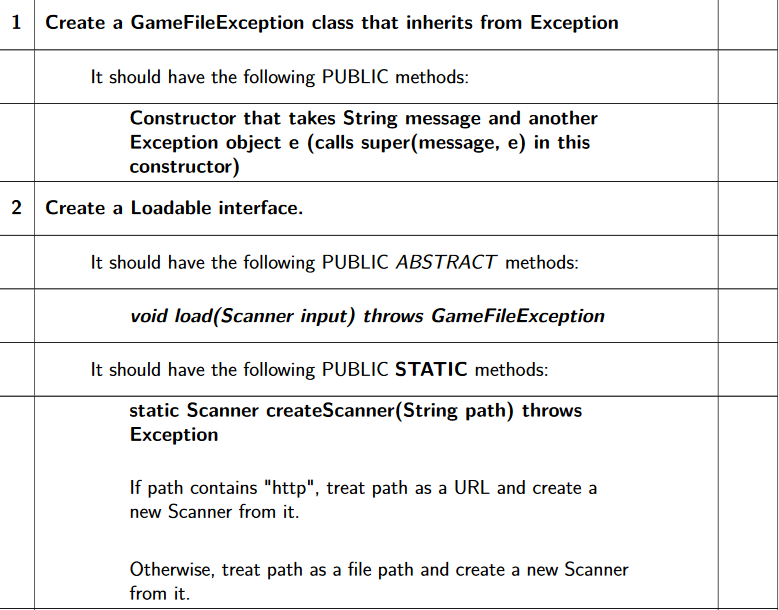 1Create a GameFileException class that inherits from Exception It should have the following PUBLIC methods: Constructor that