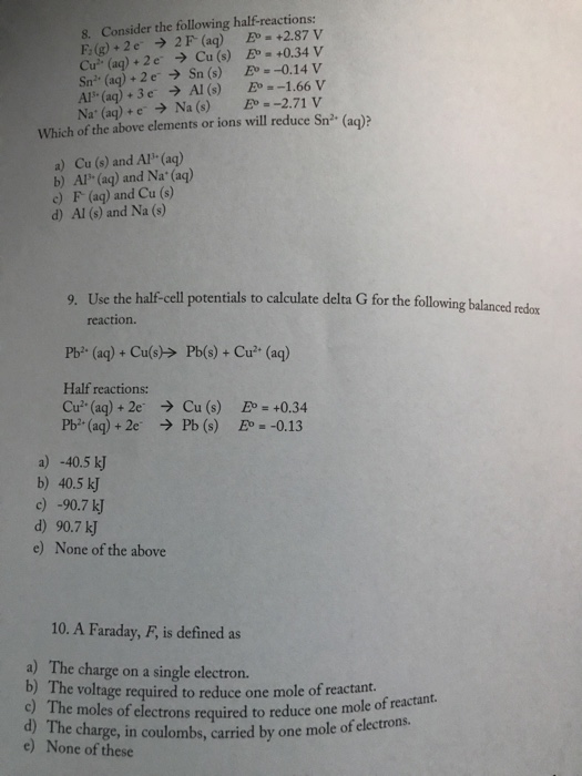 Solved S Consider The Following Half Reactions Cir A Chegg Com