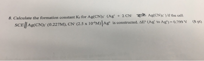 Solved 8 Calculate The Formation Constant Kr For Ag Cn 2 Chegg Com