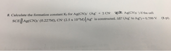 Solved 8 Calculate The Formation Constant Kr For Ag Cn 2 Chegg Com