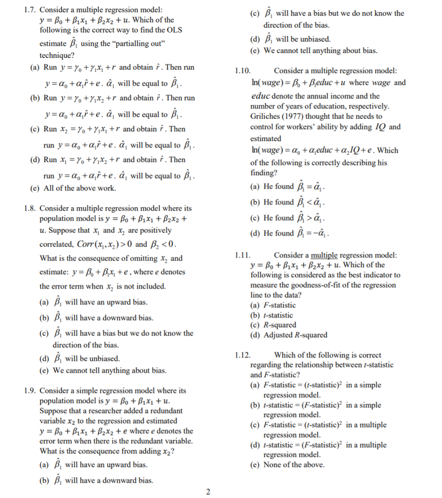 Solved 1 7 Consider A Multiple Regression Model C B W Chegg Com