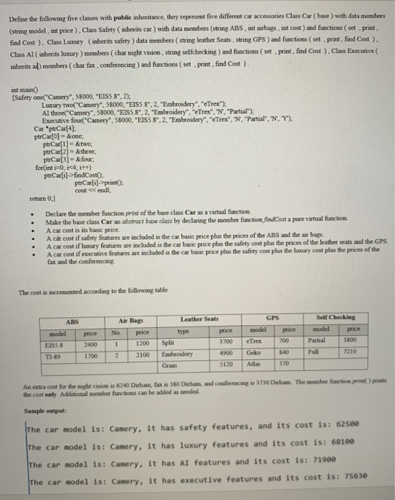 Define the following five classes with public inheritance, they represent five different car accessories Class Car (base ) with data members (string model . int price ),Class Safety (mbents car ) with data members (string ABS , İnt antag,int cost ) and functions (set.print . find Cost ). Class Luxury (inherits safety ) data members ( string leather Seats, string GPS) and finctions (set print, find Cost), Class Al (inherits luxury ) members (char night vision, string selíchecking) and functions ( set. print, find Cost ), Class Executive ( inherits a) members ( char fax. conferencing ) and 

<div class=