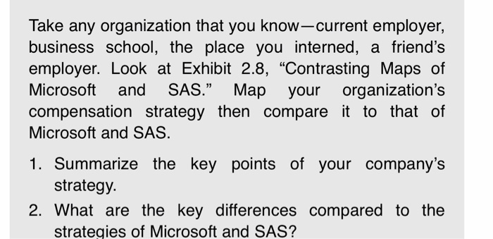 Take any organization that you know- current employer, business school, the place you interned, a friends employer. Look at Exhibit 2.8, Contrasting Maps of Microsoft and SAS. Map your organizations compensation strategy then compare it to that of Microsoft and SAS. 1. Summarize the key points of your companys strategy 2. What are the key differences compared to the strategies of Microsoft and SAS?