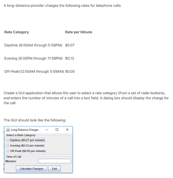 A long-distance provider charges the following rates for telephone calls: Rate Category Rate per Minute Daytime (6:00AM throu
