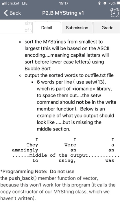 l cricket LTE 15:17 P2.B MYString v1 Back ze Detail Submission Grade o sort the MYStrings from smallest to largest (this will