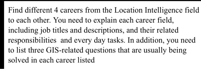 Find different 4 careers from the Location Intelligence field to each other. You need to explain each career field, including job titles and descriptions, and their related responsibilities and every day tasks. In addition, you need to list three GIS-related questions that are usually being solved in each career listed