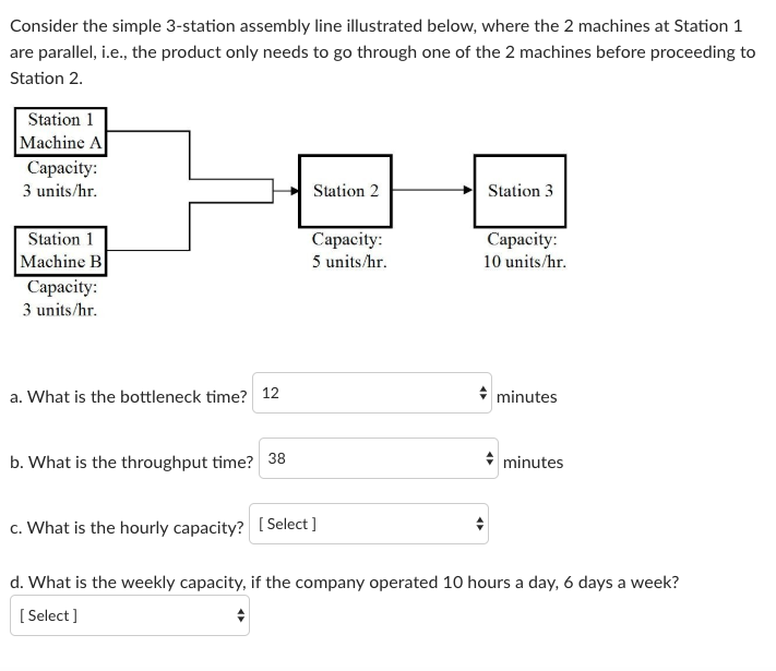 Consider the simple 3-station assembly line illustrated below, where the 2 machines at Station 1 are parallel, i.e., the product only needs to go through one of the 2 machines before proceeding to Station 2. Station 1 Machine A Capacity 3 units/hr Station 2 Station 3 Station 1 Machine B Capacity: 3 units/hr Capacity: 5 units/hr Capacity: 10 units/hr a. What is the bottleneck time? 12 minutes b. What is the throughput time? 38 minutes c. What is the hourly capacity? [Select ] d. What is the weekly capacity, if the company operated 10 hours a day, 6 days a week? I Select ]