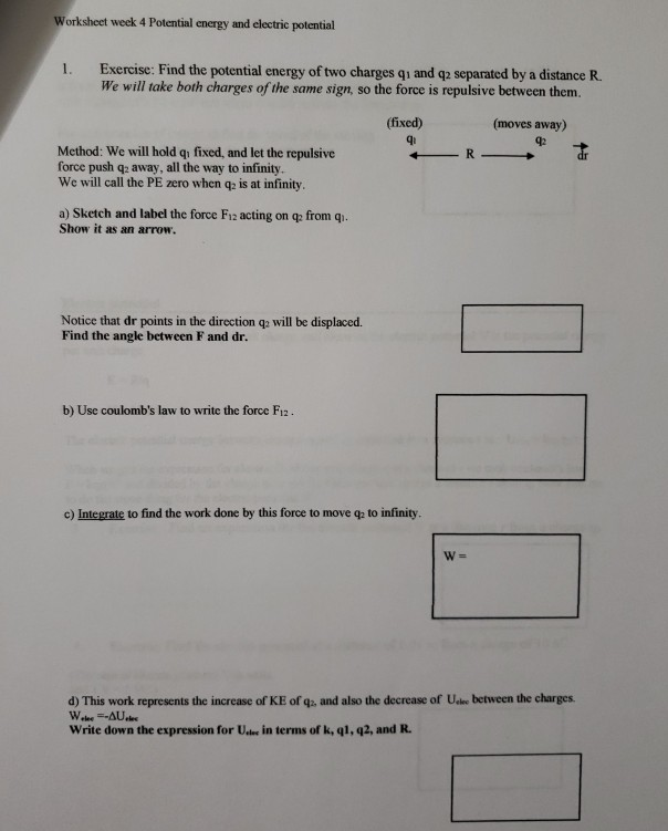 Worksheet Weck 4 Potential Energy And Electric Chegg Com