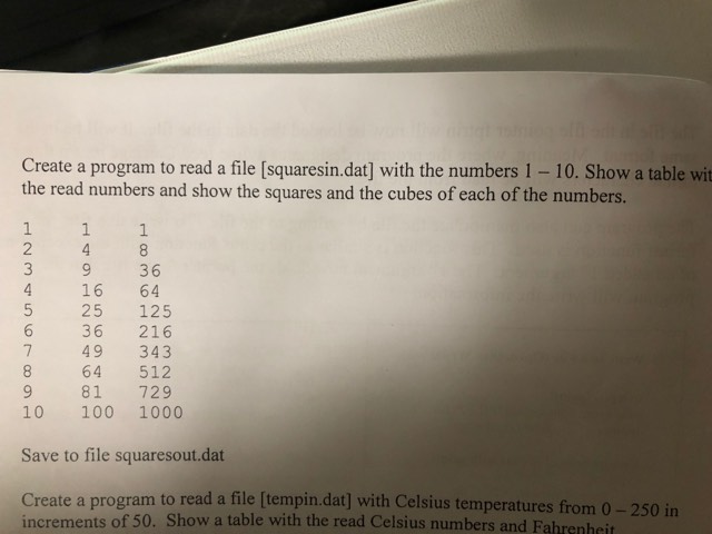 Create a program to read a file [squaresin.dat] with the numbers 1 - 10. Show a table wit 1 2 3 9 36 4 16 64 5 25 125 6 36 21