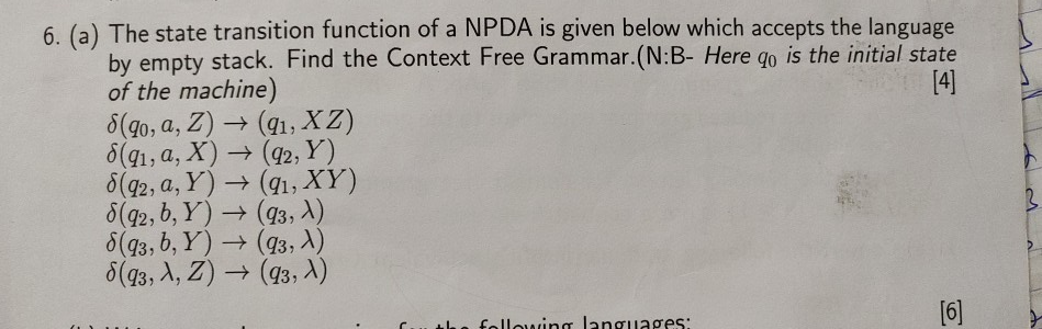 6. (a) The state transition function of a NPDA is given below which accepts the language by empty stack. Find the Context Fre