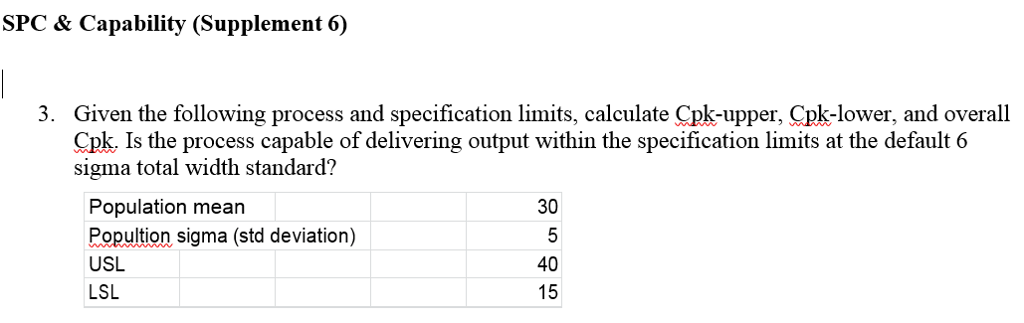 SPC & Capability (Supplement 6) Given the following process and specification limits, calculate Cpk-upper, Cpk-lower, and overall Qpk Is the process capable of delivering output within the specification limits at the default 6 sigma total width standard? 3. 30 Population mean Popultion sigma (std deviation) USL LSL 40 15