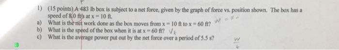 1) (15 points) A 483 lb box is subject to a net force, given by the graph of force vs. position shown. The box has a speed of80 ftS at x = 10 ft. a) what is thrict work done as the box moves from x = 10 ft to x-60ft? b) What is the speed of the box when it is at x=60R? e) What is the average power put out by the net force over a period of 5.5 s?