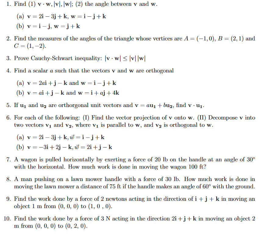 Solved 1 Find 1 V W Vl Lw 2 The Angle Between Chegg Com