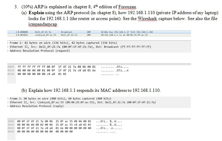(1096) ARP is explained in chapter 8.4th edition of Forouzan (a) Explain using the ARP protocol (in chapter 8), how 192.168.1