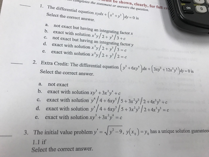 Solved The Differential Equation Sydx X 2 Y 2 Dy 0 Chegg Com