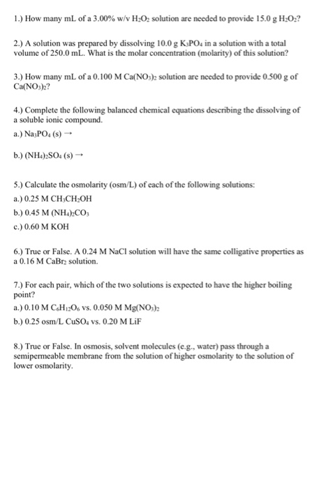 Solved I How Many Ml Of A 3 00 W V H2o2 Solution Are N Chegg Com