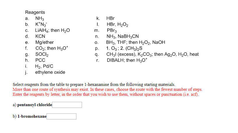 Reagents a. NH3 k. HBr I. HBr, H202 m. PBr n. NH3,