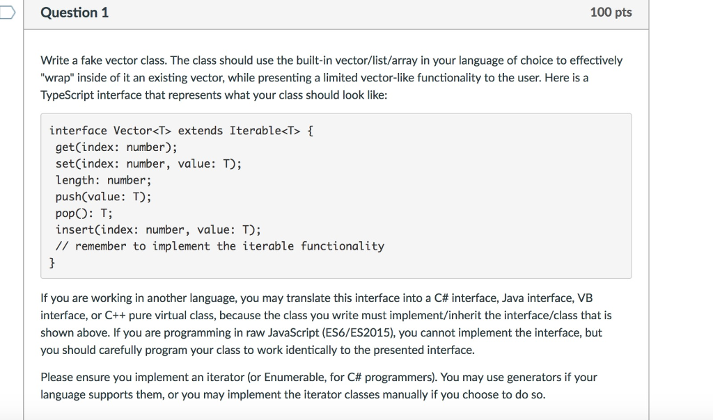 Question 1 100 Pts Write A Fake Vector Class The Chegg Com