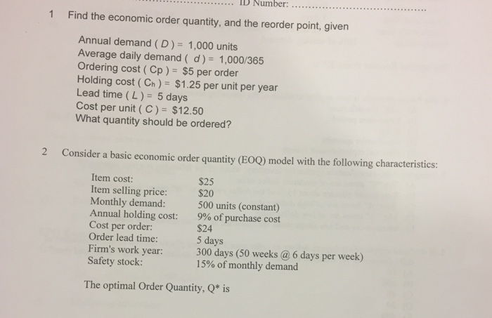 Solved Find The Economic Order Quantity And The Reorder Chegg Com