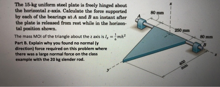 The 15-kg uniform steel plate is freely hinged about the horizontal z-axis. Calculate the force supported by each of the bearings at A and B an instant after the plate is released from rest while in the horizon- tal position shown. The mass MOl of the triangle about the z axis is 2 Imh Part B. Explain why you found no normal (y direction) force required on this problem where there was a large normal force on the class example with the 20 kg slender rod 80 mmI A 250 80 mm