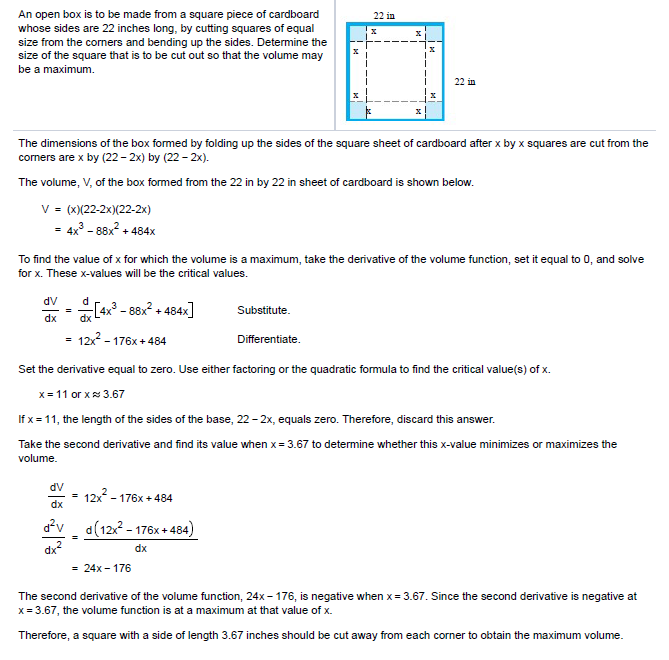 Solved Example Listed Below Please Plug In Numbers From An Open Box Is To Be Made From A Square Piece Of Cardboard Whose Sides Are 16 Inches Long By Cutting Squares Equal Size The Corners And Bending Up