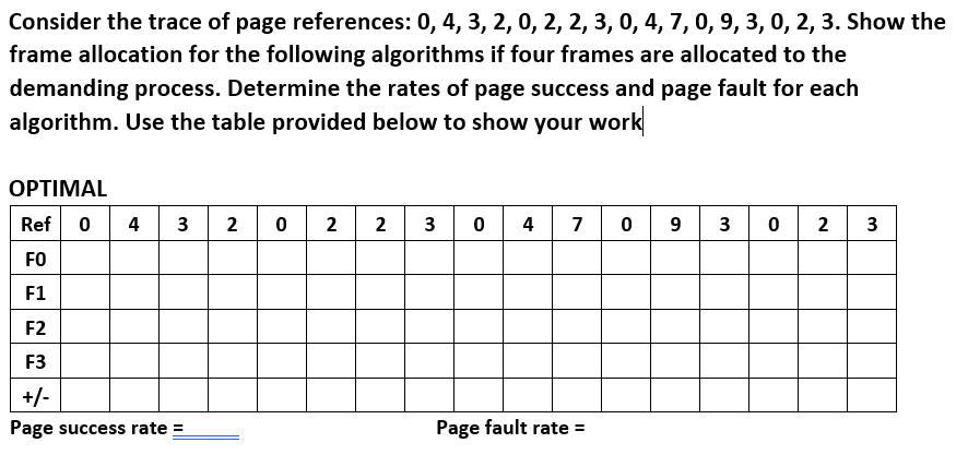 Consider the trace of page references: 0, 4, 3, 2, 0, 2, 2, 3, 0, 4, 7, 0, 9, 3, 0, 2, 3. Show the frame allocation for the f