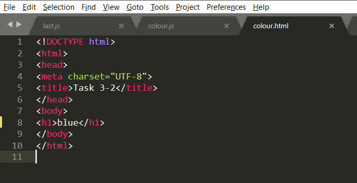 File Edit Selection Find View Goto Tools Project Preferences Help colour.js colour.html < ! DOCTYPE html> <html〉 3 <head> 4 <