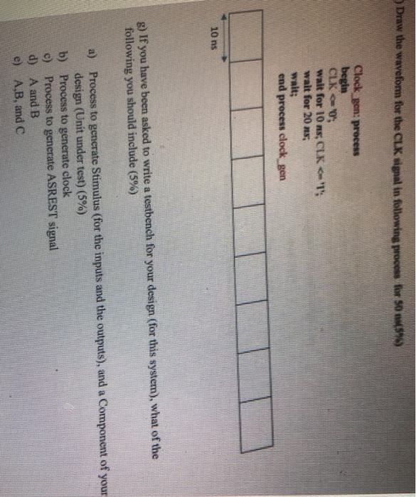 Draw the waveform for the CLK signal in following process for 501-S%) wait for 10 ns, CLK walt for 20 ns 10 ns g) If you have