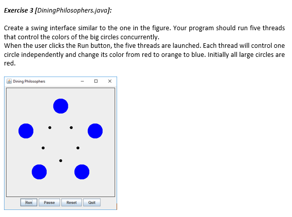 Exercise 3 [DiningPhilosophers.java]: Create a swing interface similar to the one in the figure. Your program should run five threads that control the colors of the big circles concurrently When the user clicks the Run button, the five threads are launched. Each thread will control one circle independently and change its color from red to orange to blue. Initially all large circles are red Dining Philosophers Run Pause Reset Quit